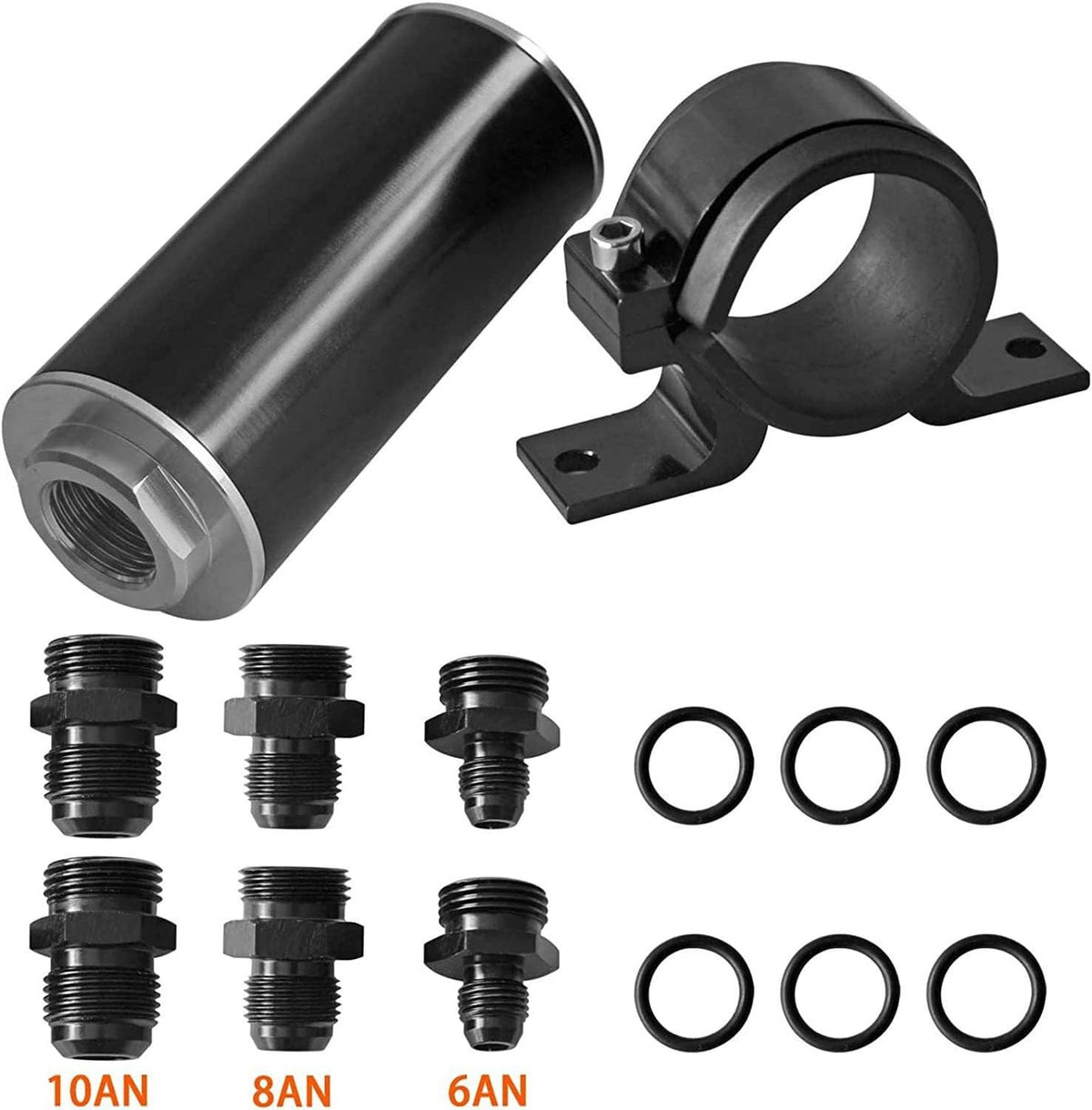 Inline fuel filter with black cylindrical housing, billet bracket, AN fittings and O-rings