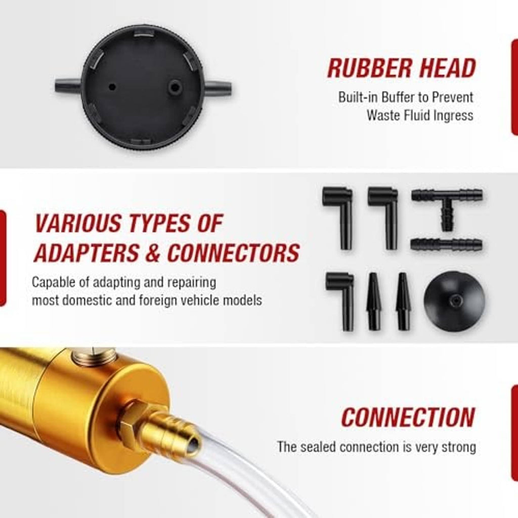 Brake bleeder vacuum pump with rubber head plus multiple adapters and connectors