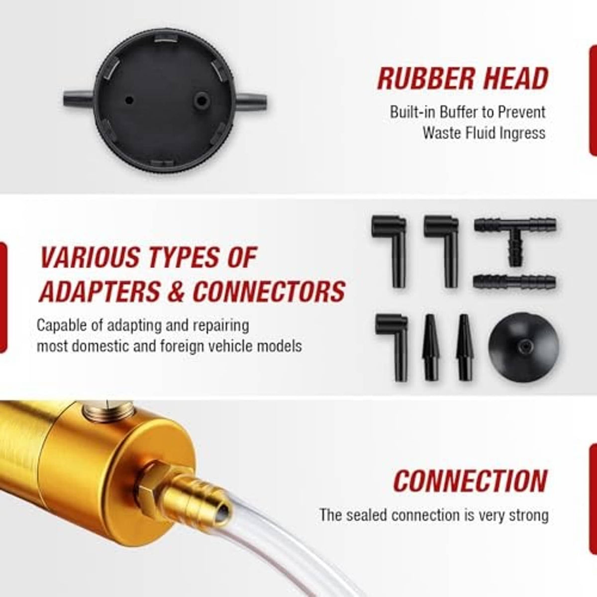 Brake bleeder vacuum pump with rubber head plus multiple adapters and connectors