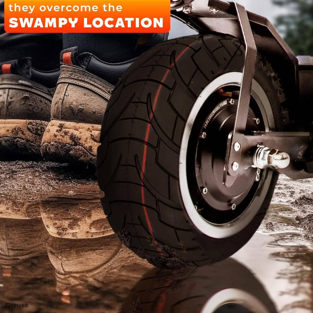 Black scooter tire on wheel with disc brake, deep tread for rough terrain