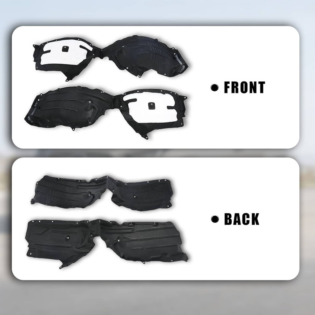 Front and back fender liners set, black plastic panels with white foam backing