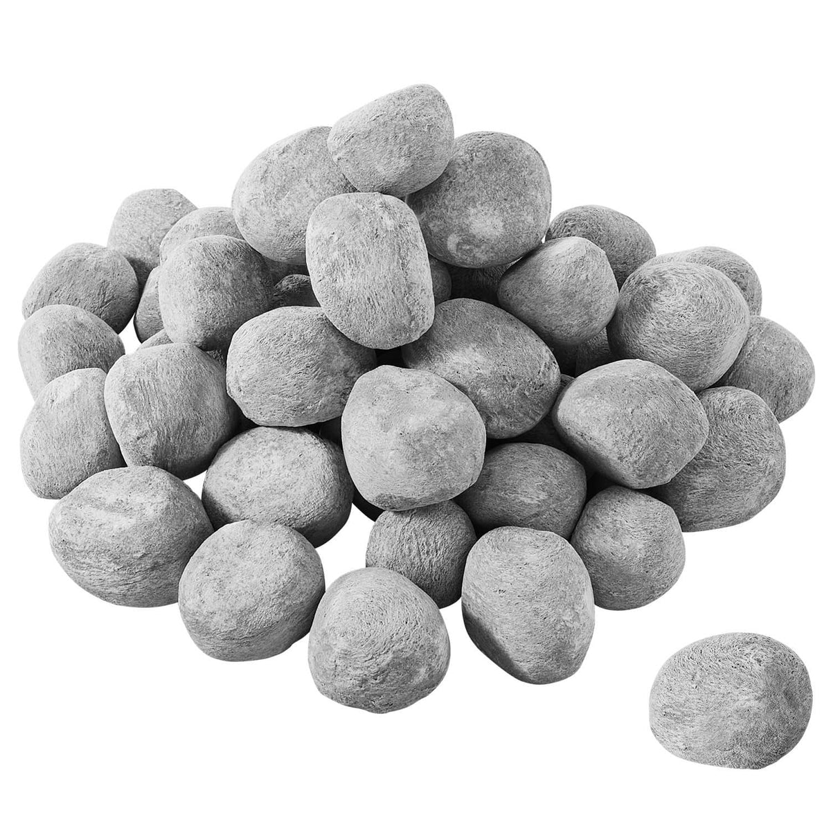 Grey ceramic fire pebble stones pile with one loose pebble shown next to it.