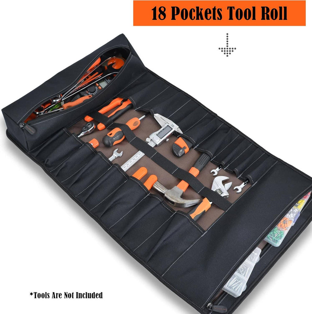 Dark 18-pocket tool roll bag laid flat with interior tool slots and straps