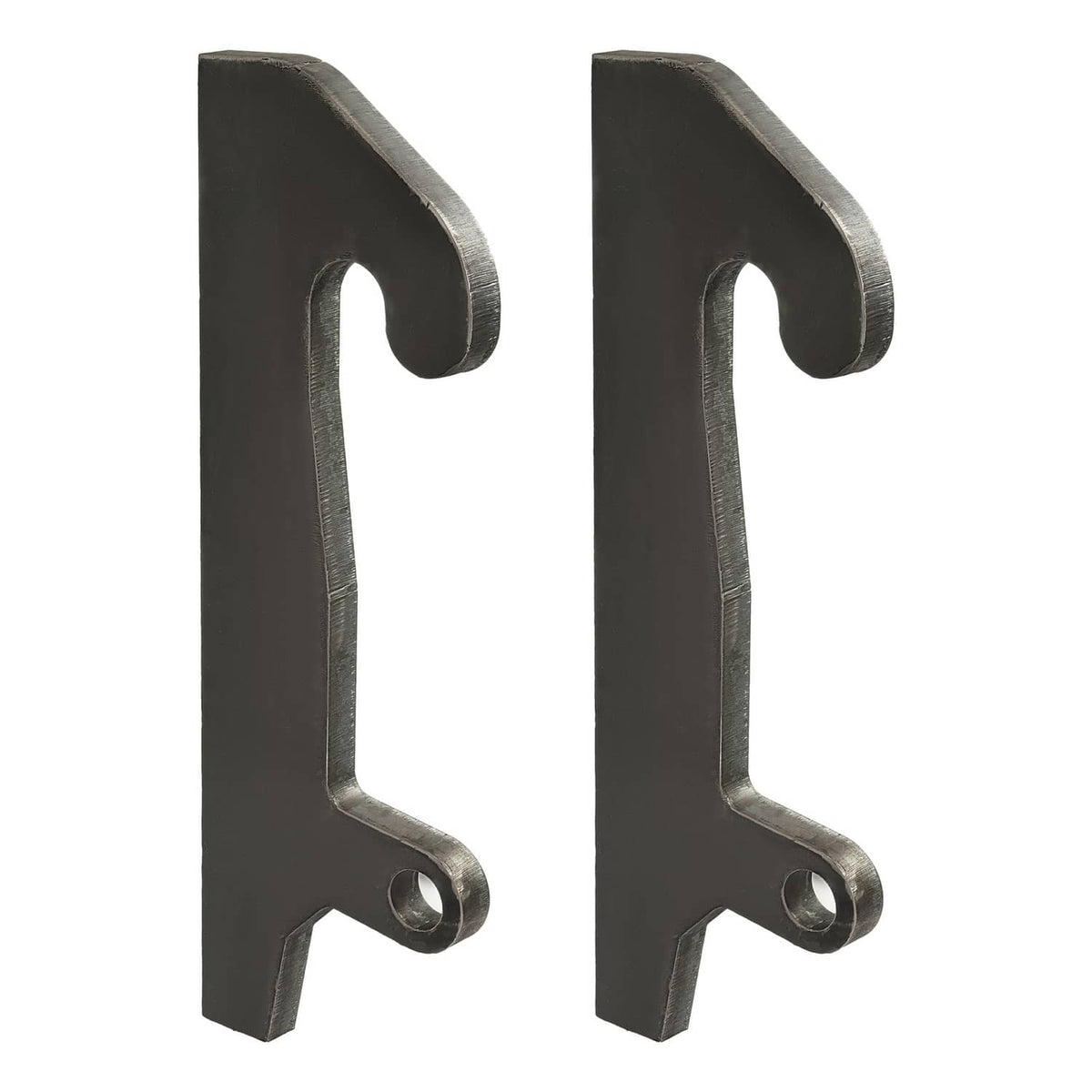 Loader bracket ear mounts, two tall black fork-shaped parts with bolt hole at base.
