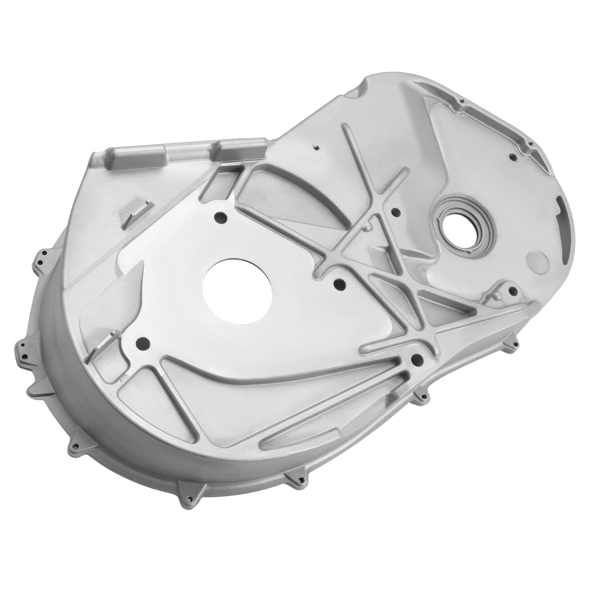 Light gray aluminum inner clutch cover with round hole, ribs, and mounting tabs