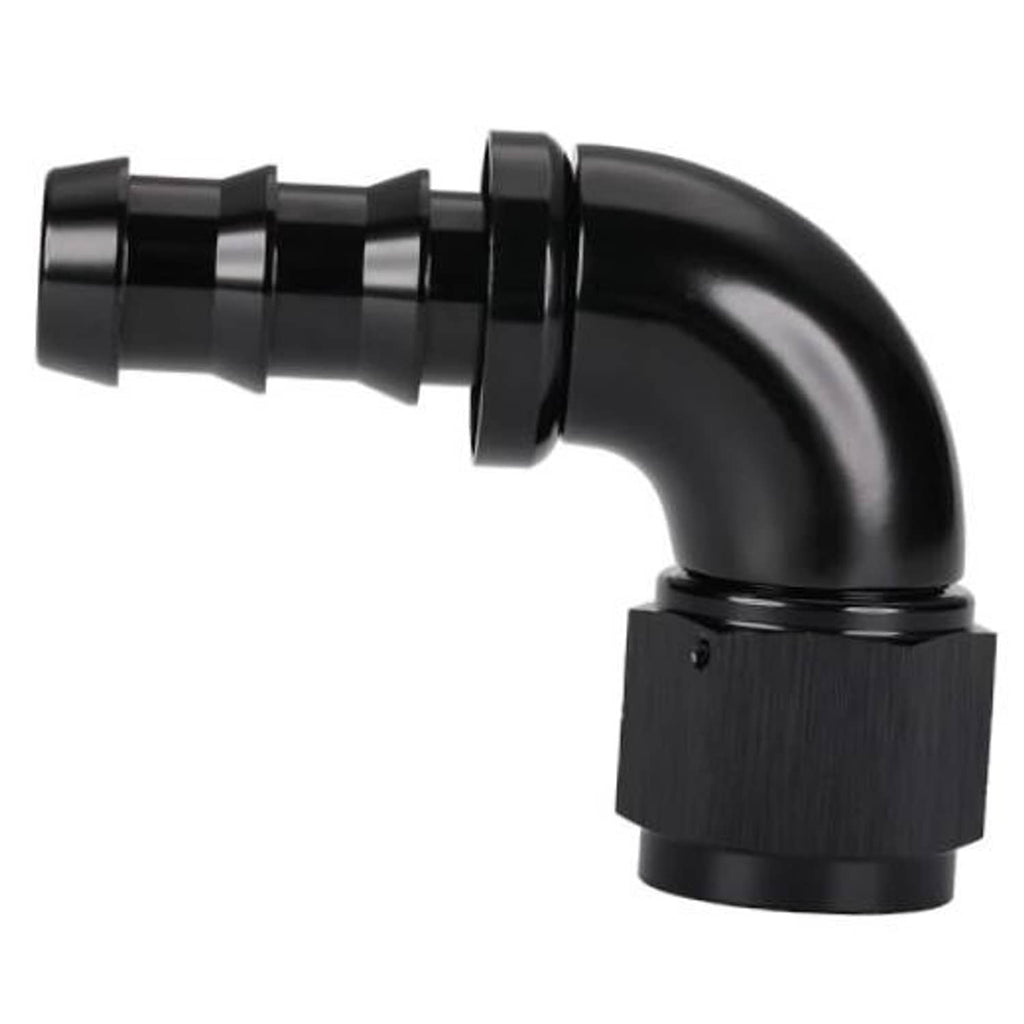 Black 90-degree push-lock hose fitting elbow with AN threaded connection