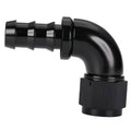 Black 90-degree push-lock hose fitting elbow with AN threaded connection
