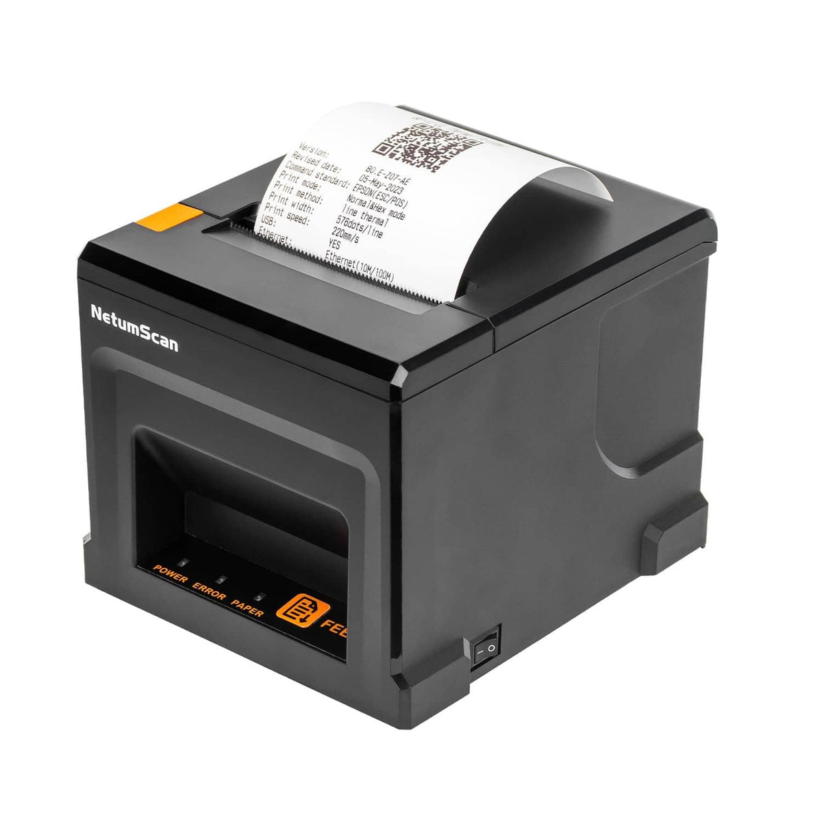 NetumScan black thermal receipt printer with paper roll loaded and front display window