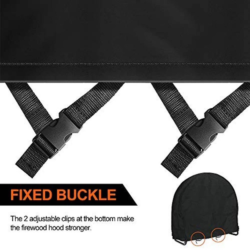 Black firewood log rack cover with fixed buckle straps at the bottom