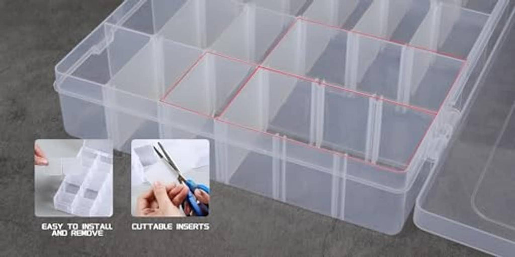 Clear plastic organizer box with grid compartments and removable divider inserts.