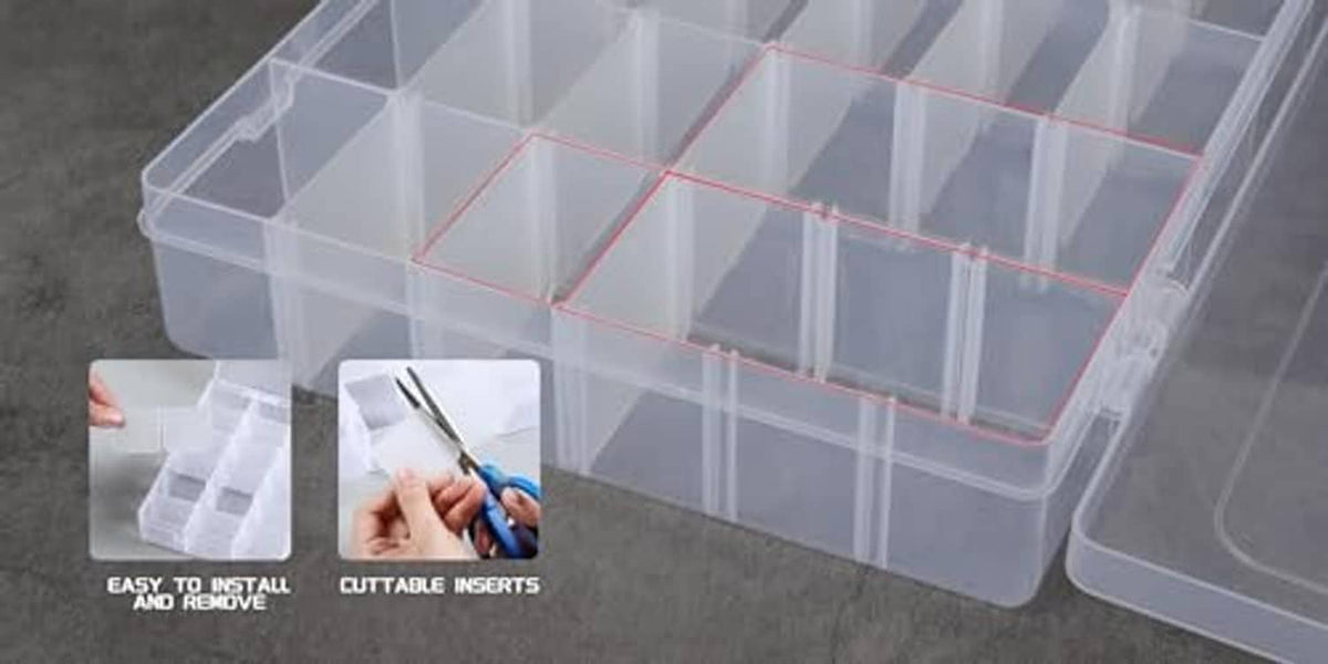 Clear plastic organizer box with grid compartments and removable divider inserts.