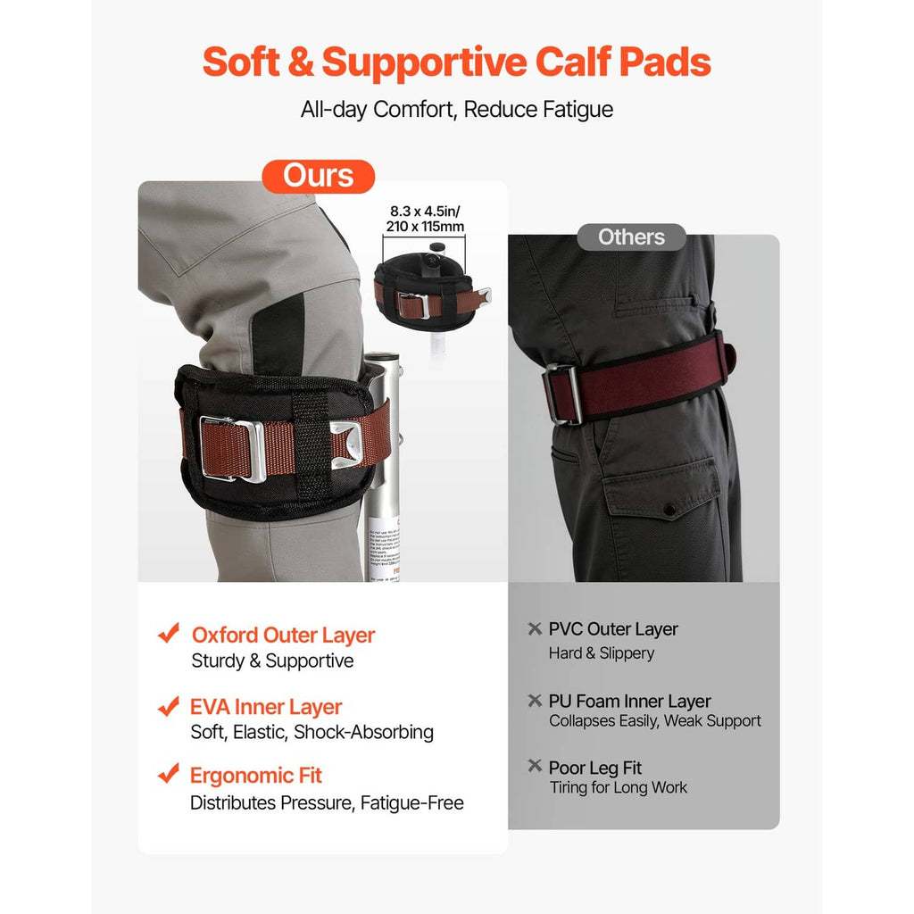 Drywall stilts with cushioned calf pads and adjustable brown and black strap bands