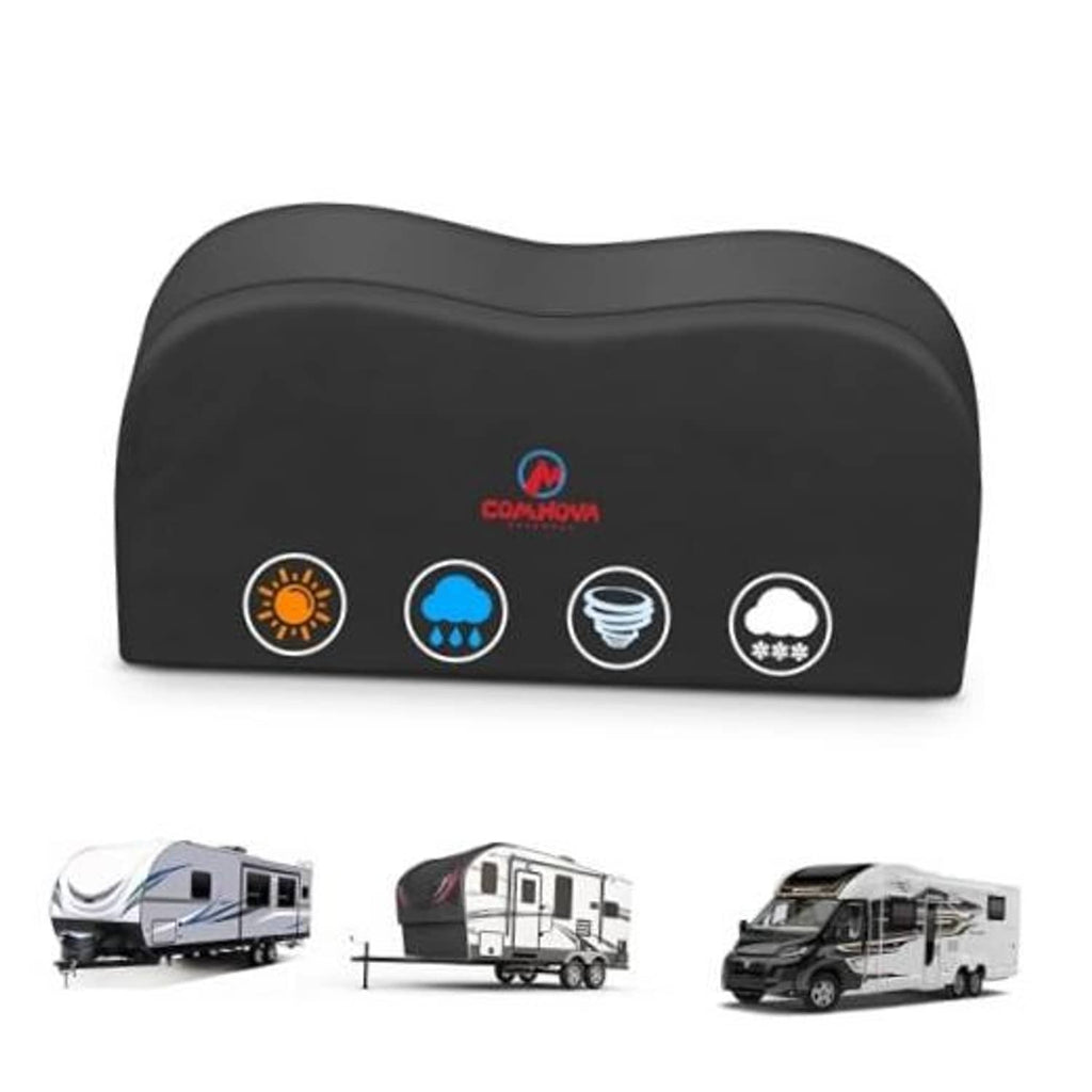 Black dual axle RV tire cover with front logo and protection icon emblems