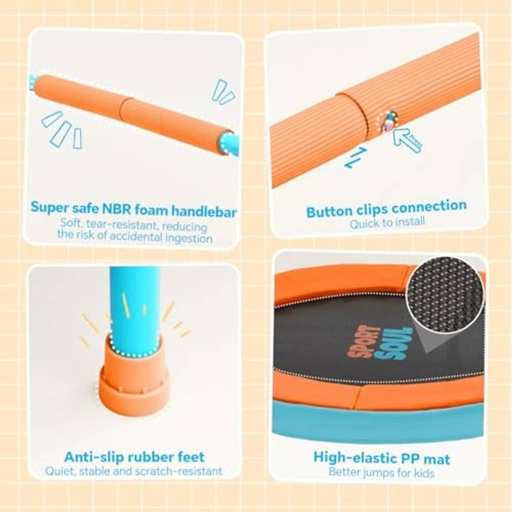 Orange foam handle bar and anti-slip feet on kids mini trampoline, round jump mat