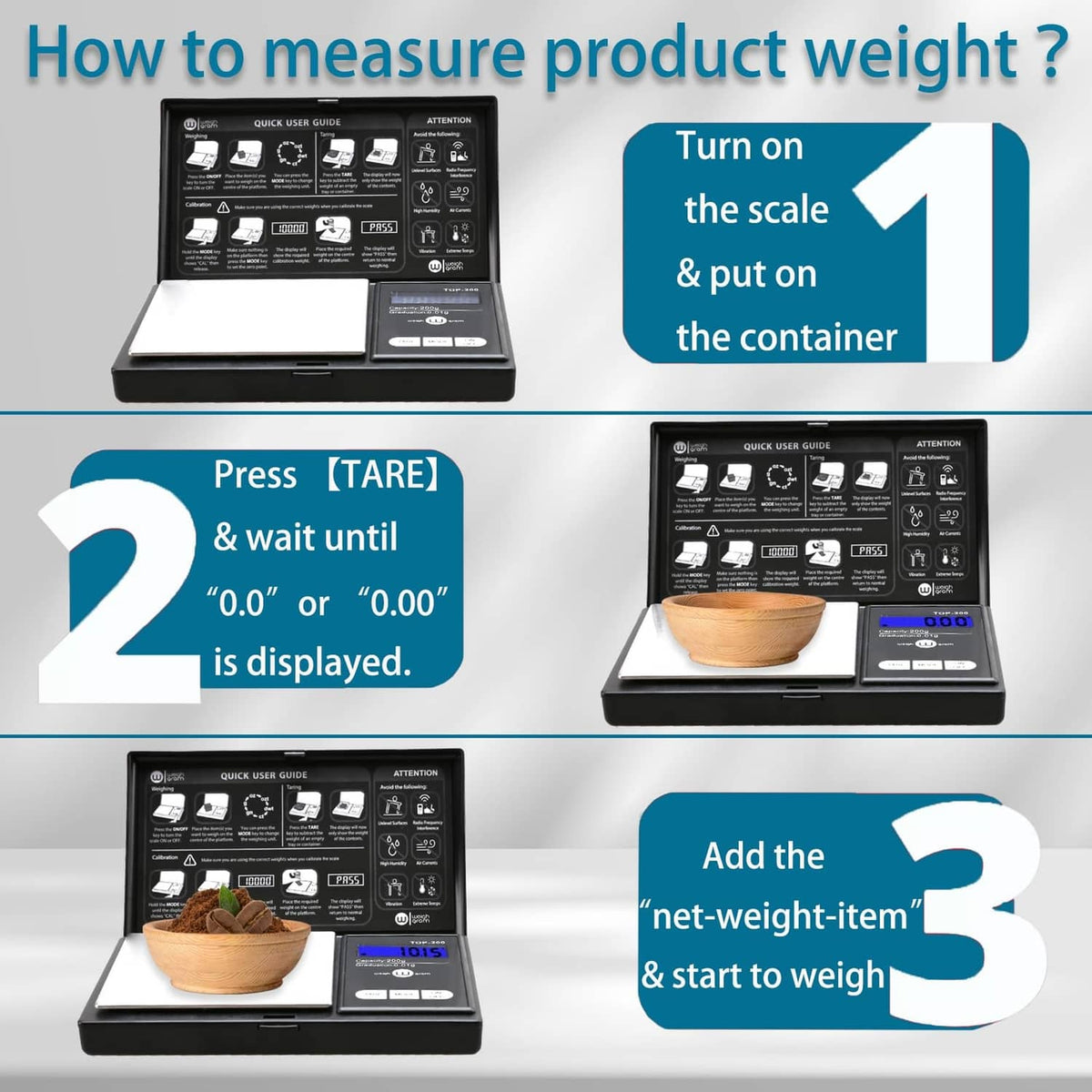 Black digital pocket scale with open lid and illuminated LCD panel