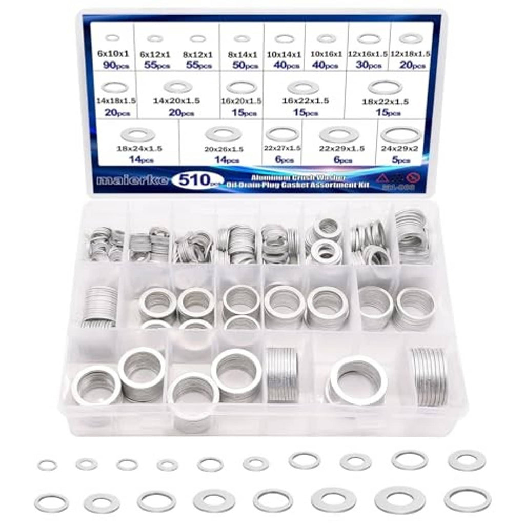 Aluminum crush washers set in open organizer with metal rings and threads, many sizes