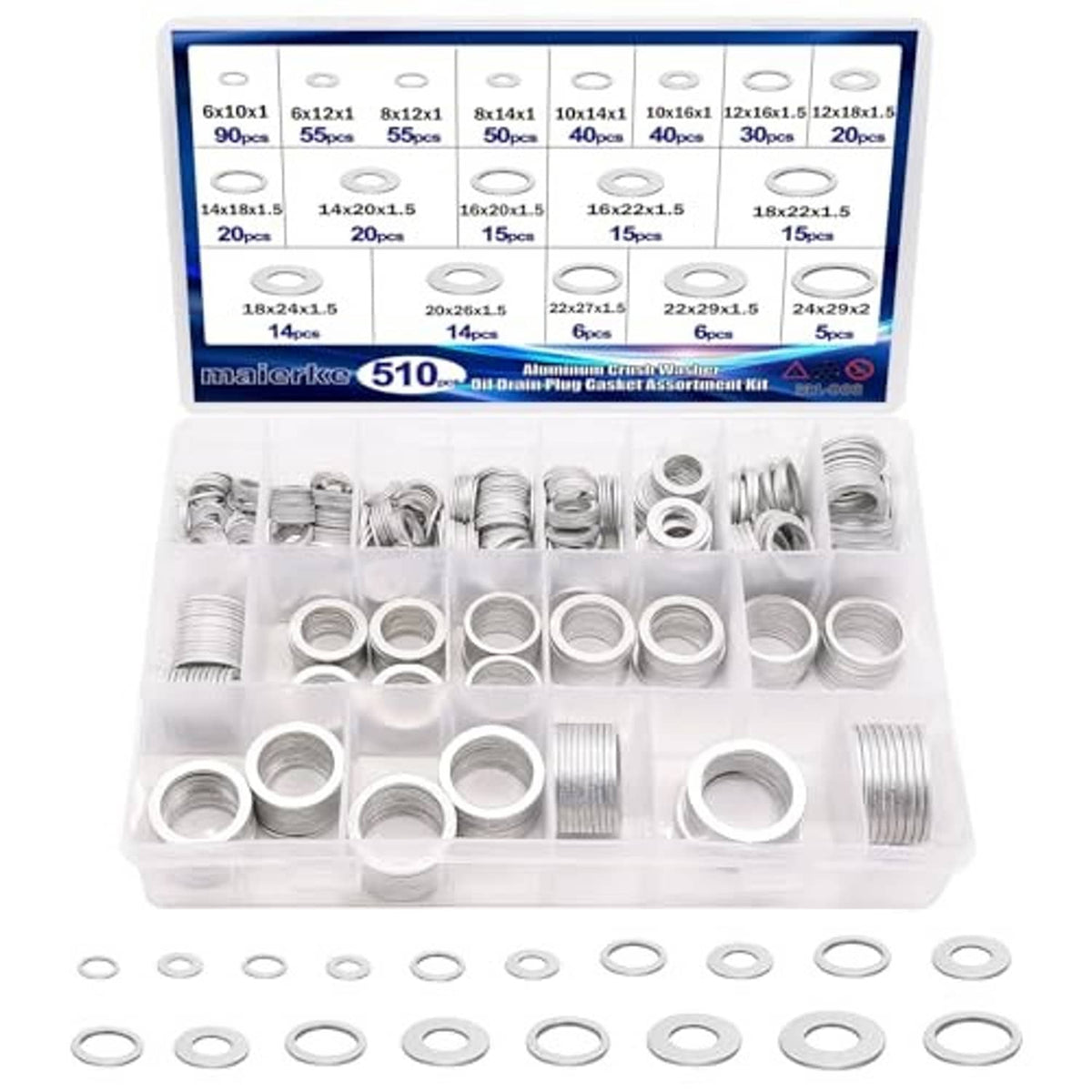 Aluminum crush washers set in open organizer with metal rings and threads, many sizes