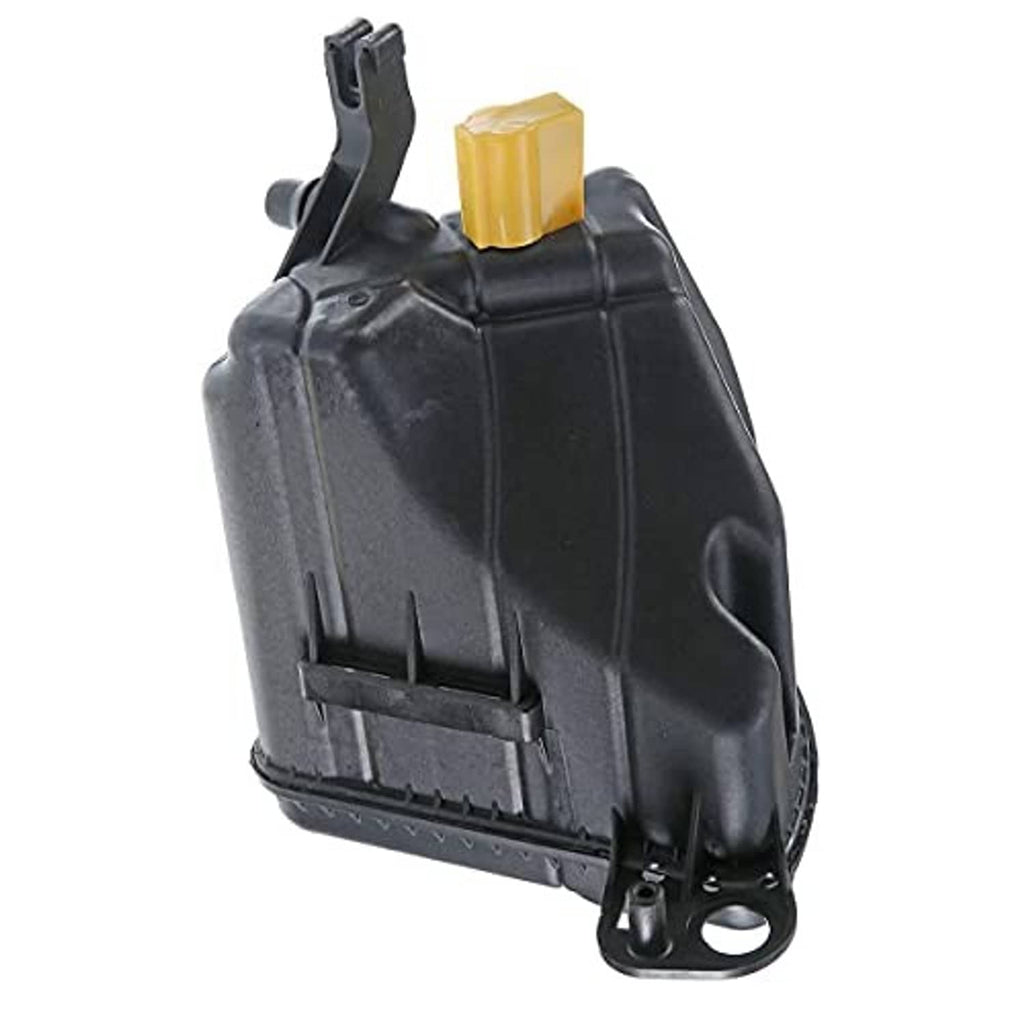 Engine coolant recovery overflow reservoir tank, black plastic with yellow cap