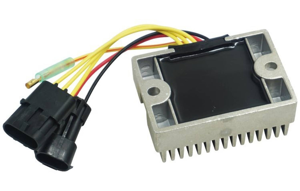 Voltage regulator module with black circuit housing, silver fins, and wiring connector