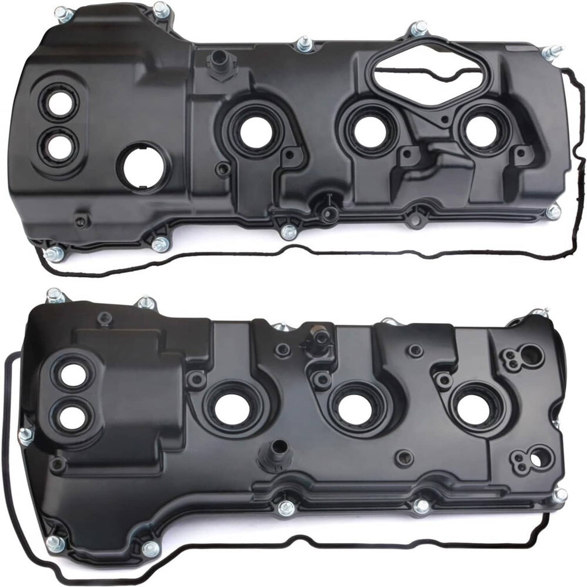 Black engine valve cover set, two pieces with mounting hardware and ports