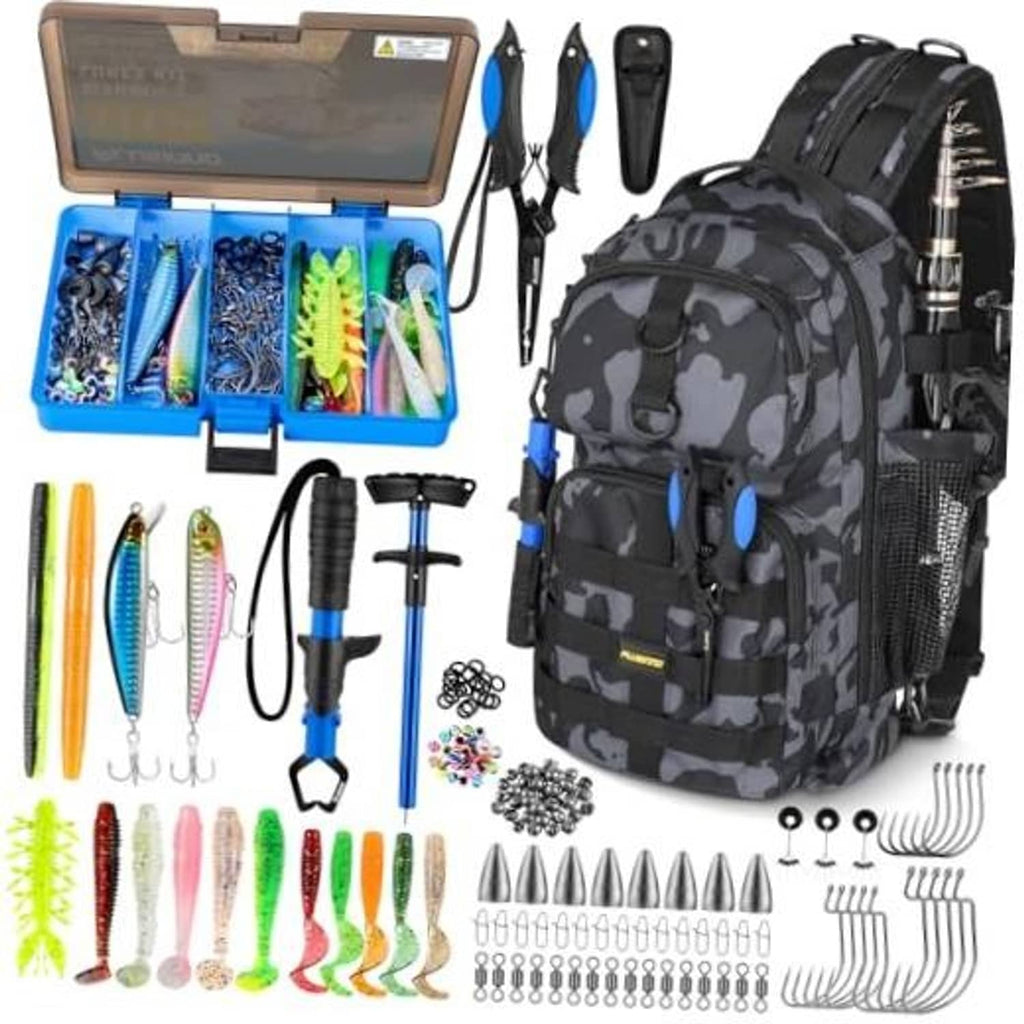 Camouflage black fishing backpack with open blue tackle box and assorted lures