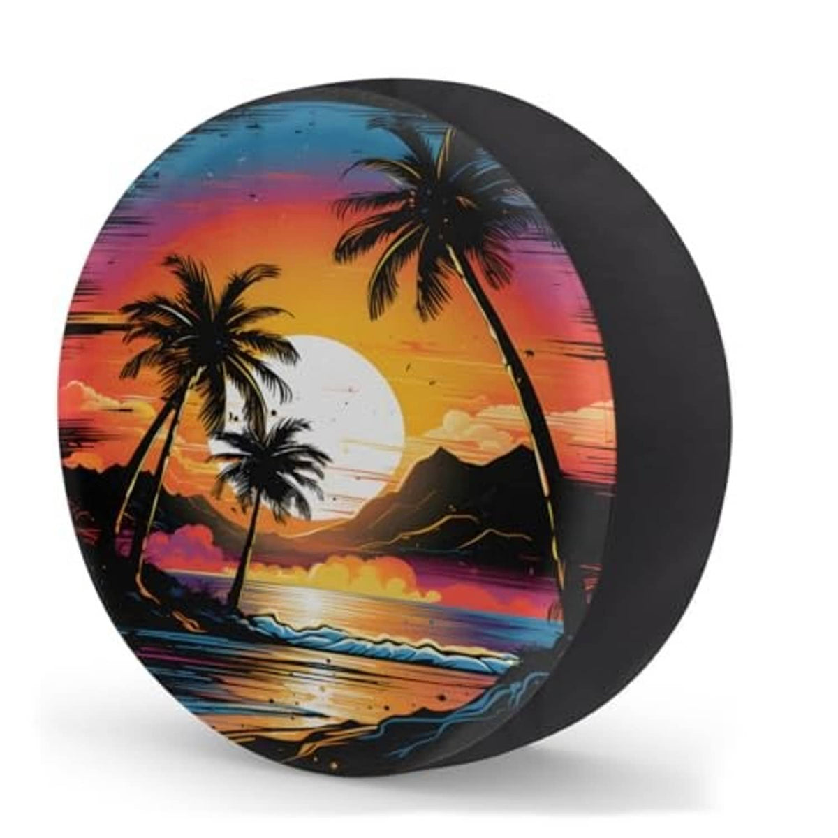 Round spare tire cover with tropical sunset palm print and dark sidewall edge