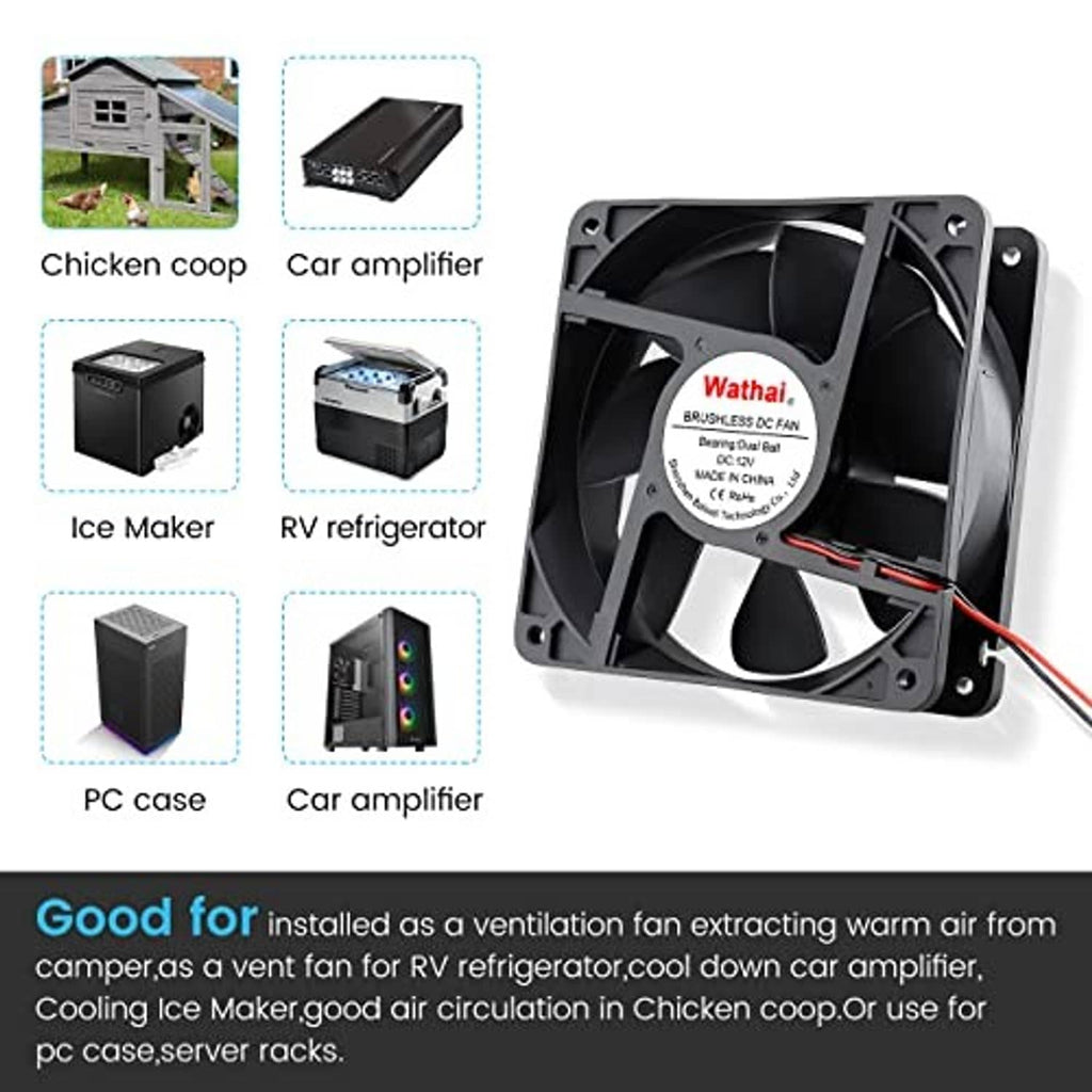 120mm black brushless DC cooling fan with red/black leads, 2-pin connector