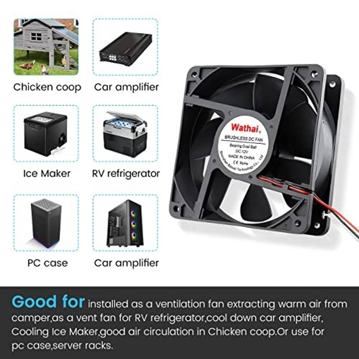 120mm black brushless DC cooling fan with red/black leads, 2-pin connector
