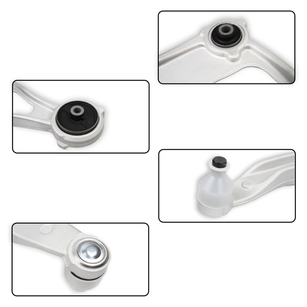 Set of front control arm joints with black rubber bushings in close-up views
