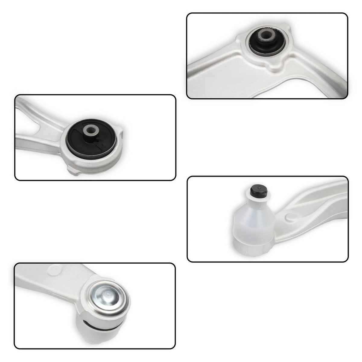 Set of front control arm joints with black rubber bushings in close-up views