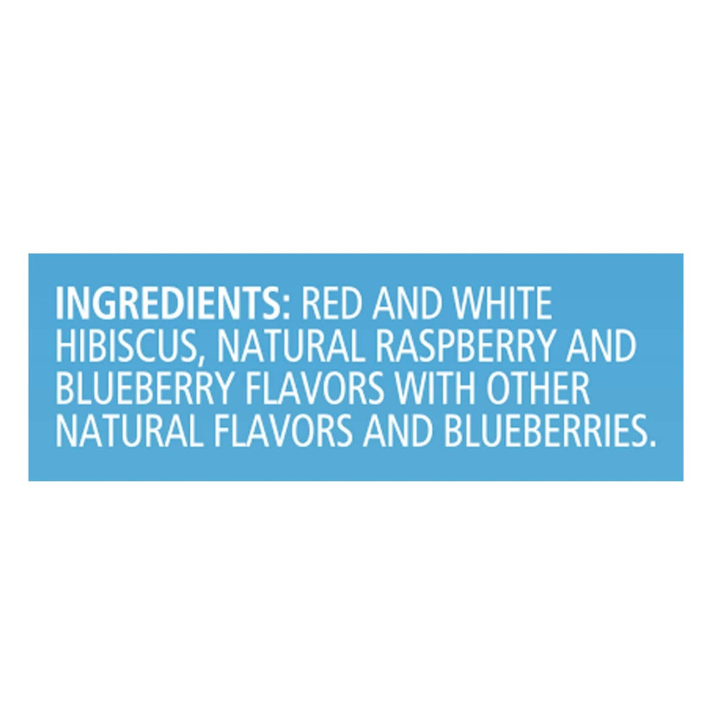 Ingredients panel on Celestial cold brew iced tea box with hibiscus and blueberry flavors