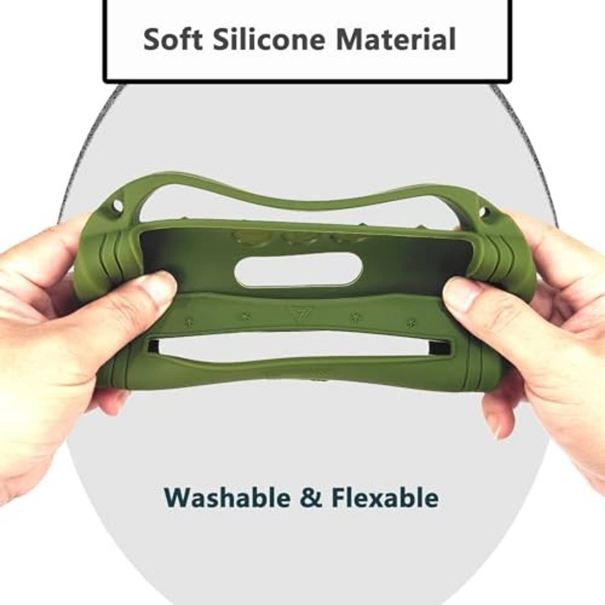 Hands holding green silicone case with top handle opening; soft and flexible fit