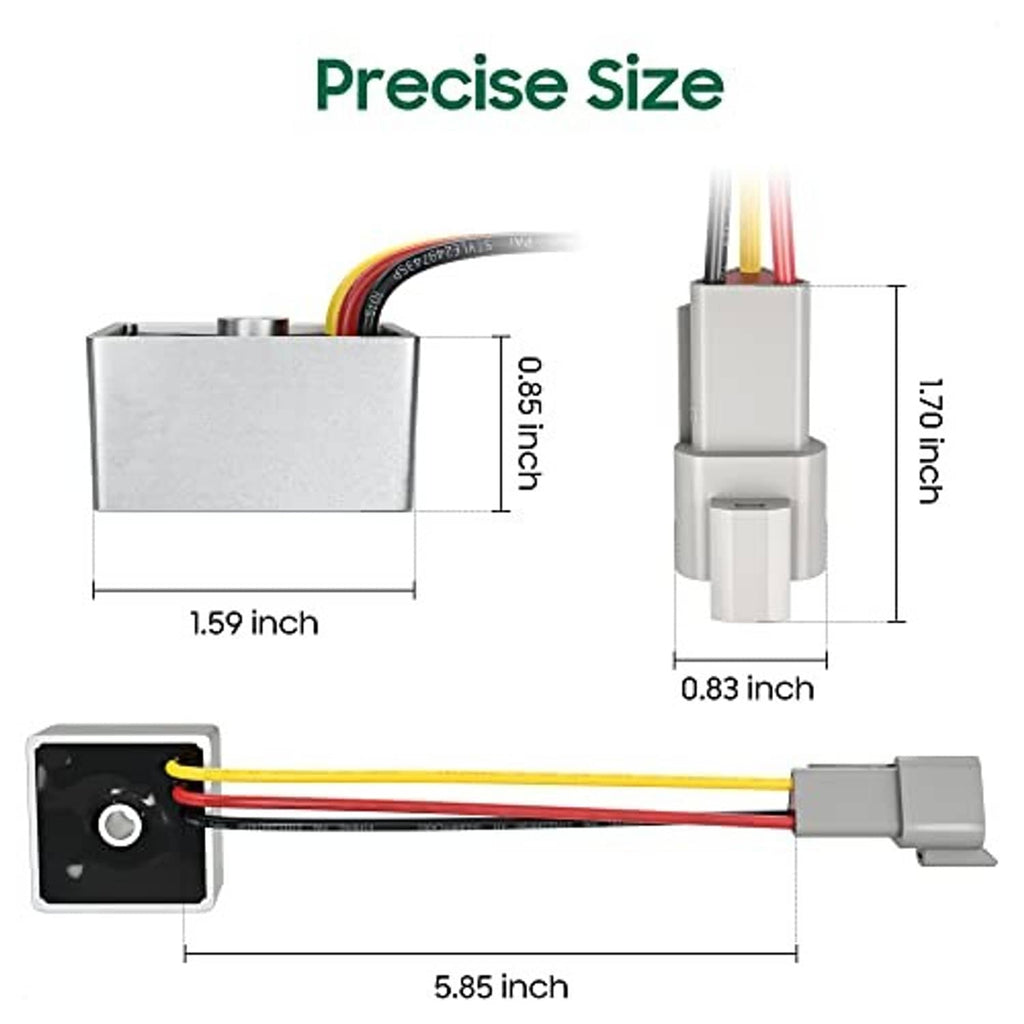 Voltage regulator with aluminum housing and wire connector, shown with size measurements