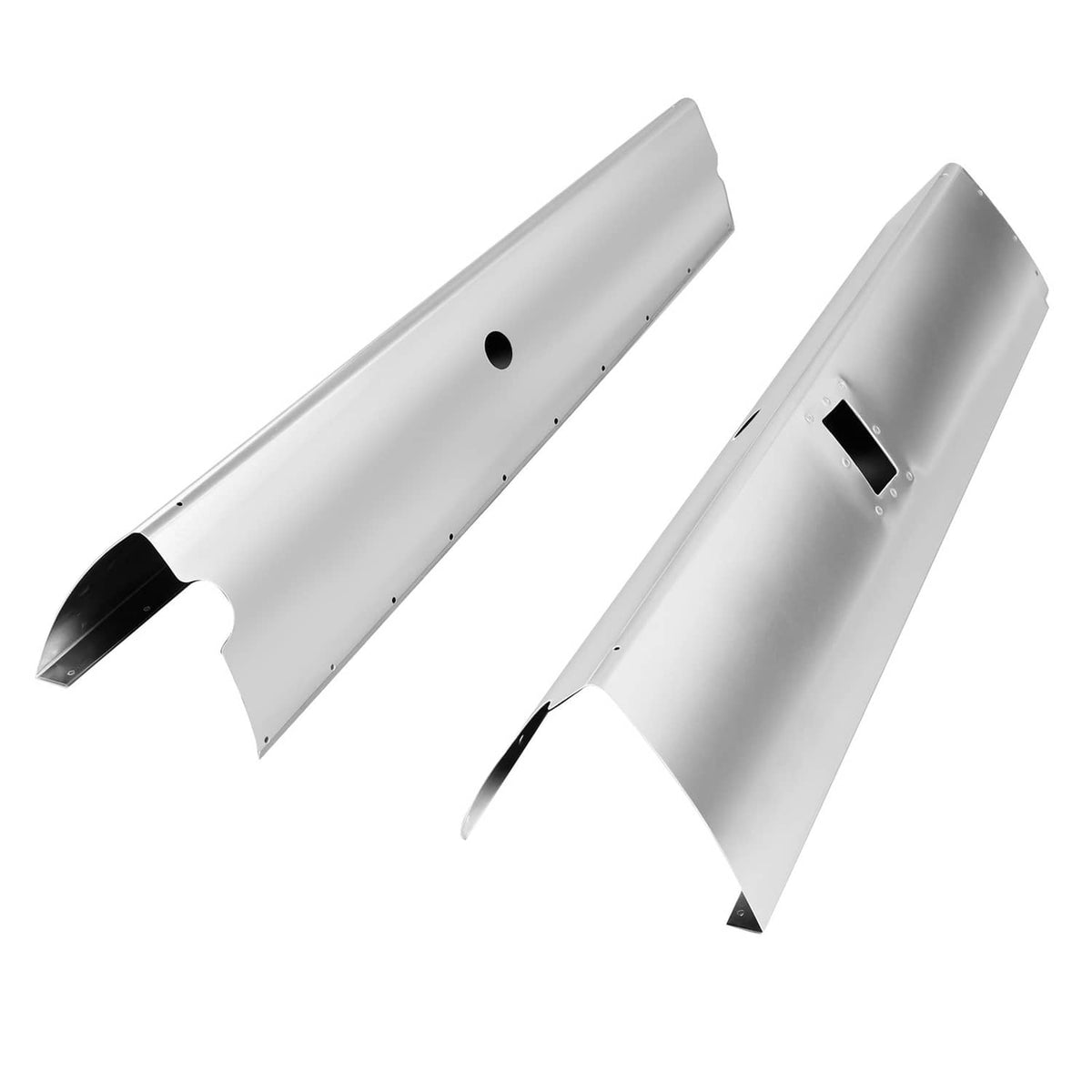 Polished aluminum landing gear leg fairings LH and RH with black slot openings