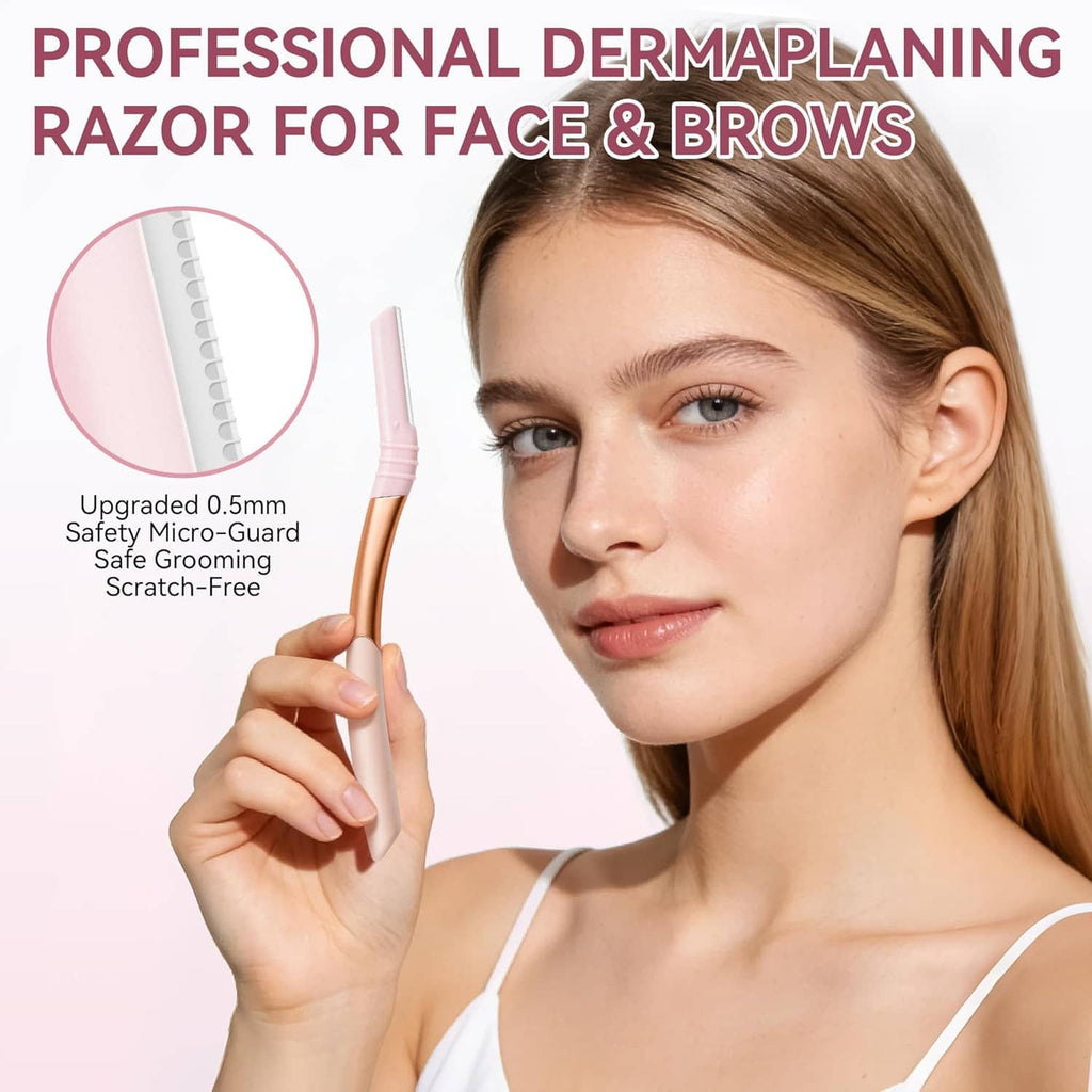 Pink dermaplaning razor with fine micro-guard blade held near the face