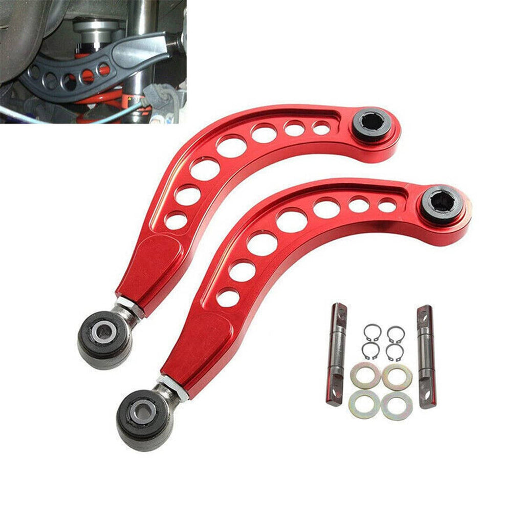 Red rear upper camber control arm set with mounting hardware and bushings