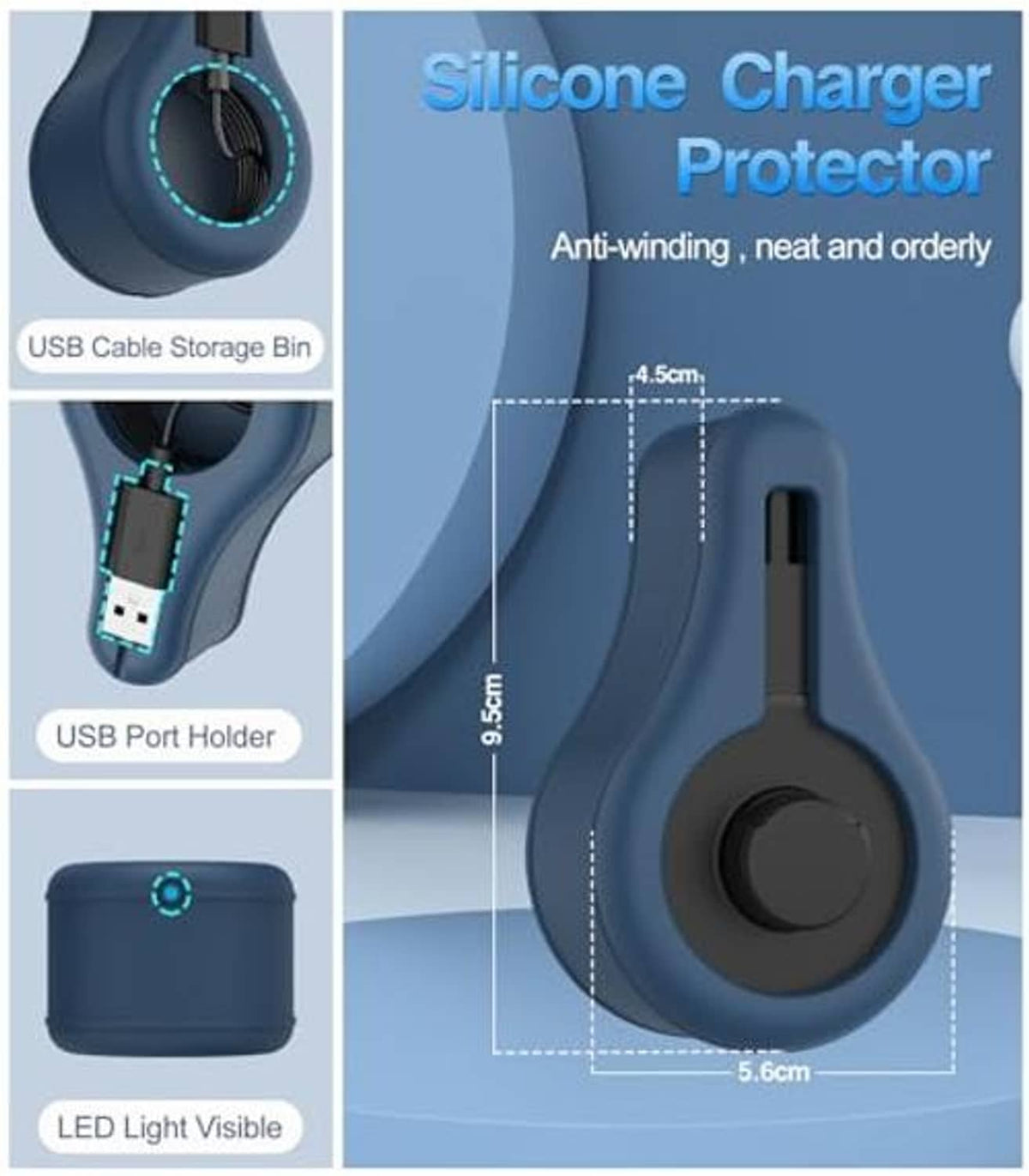 Blue silicone charger protector cover with USB cable storage bin and port holder