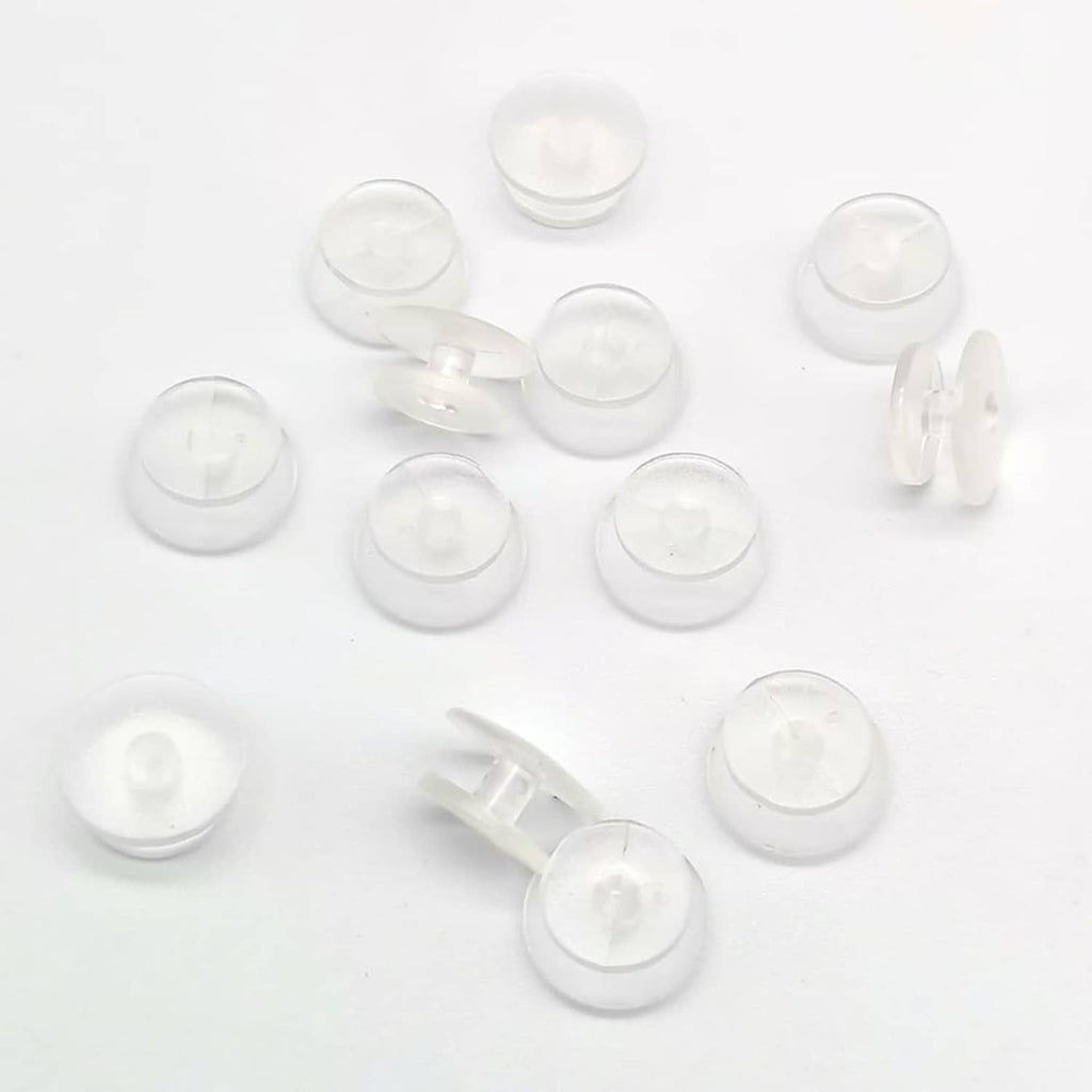 Clear round plastic shoe charm button backs, translucent discs with central hole