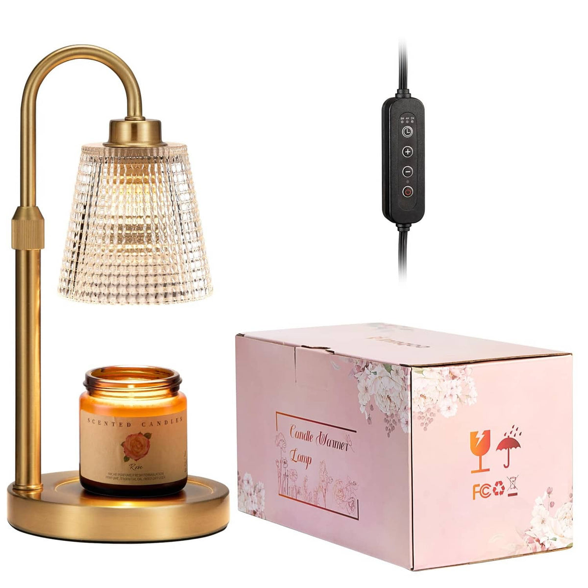 Gold candle warmer lamp with jar candle, power cord, and decorative gift box
