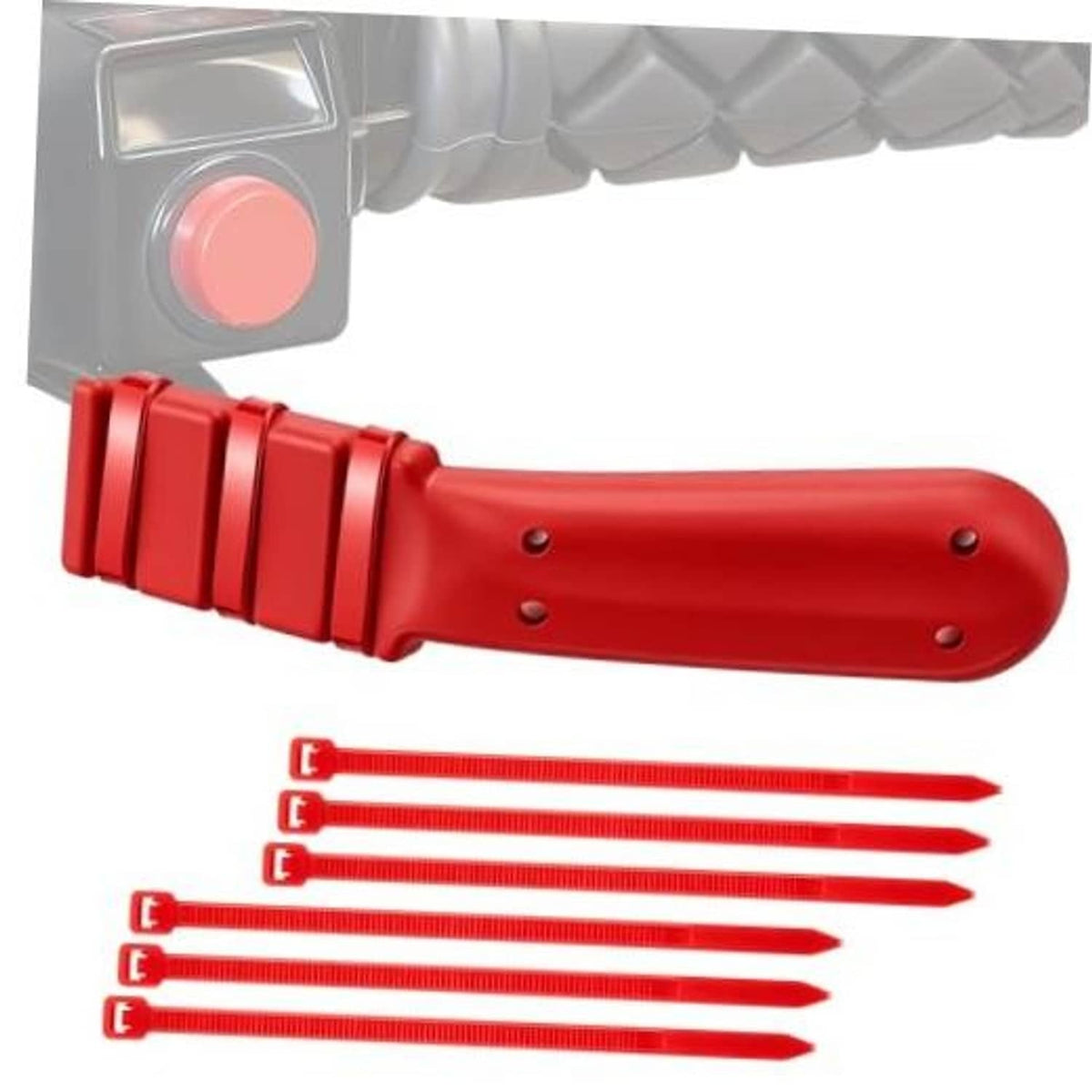 Red wrap-around thumb throttle extender with ridged grip section and mounting holes