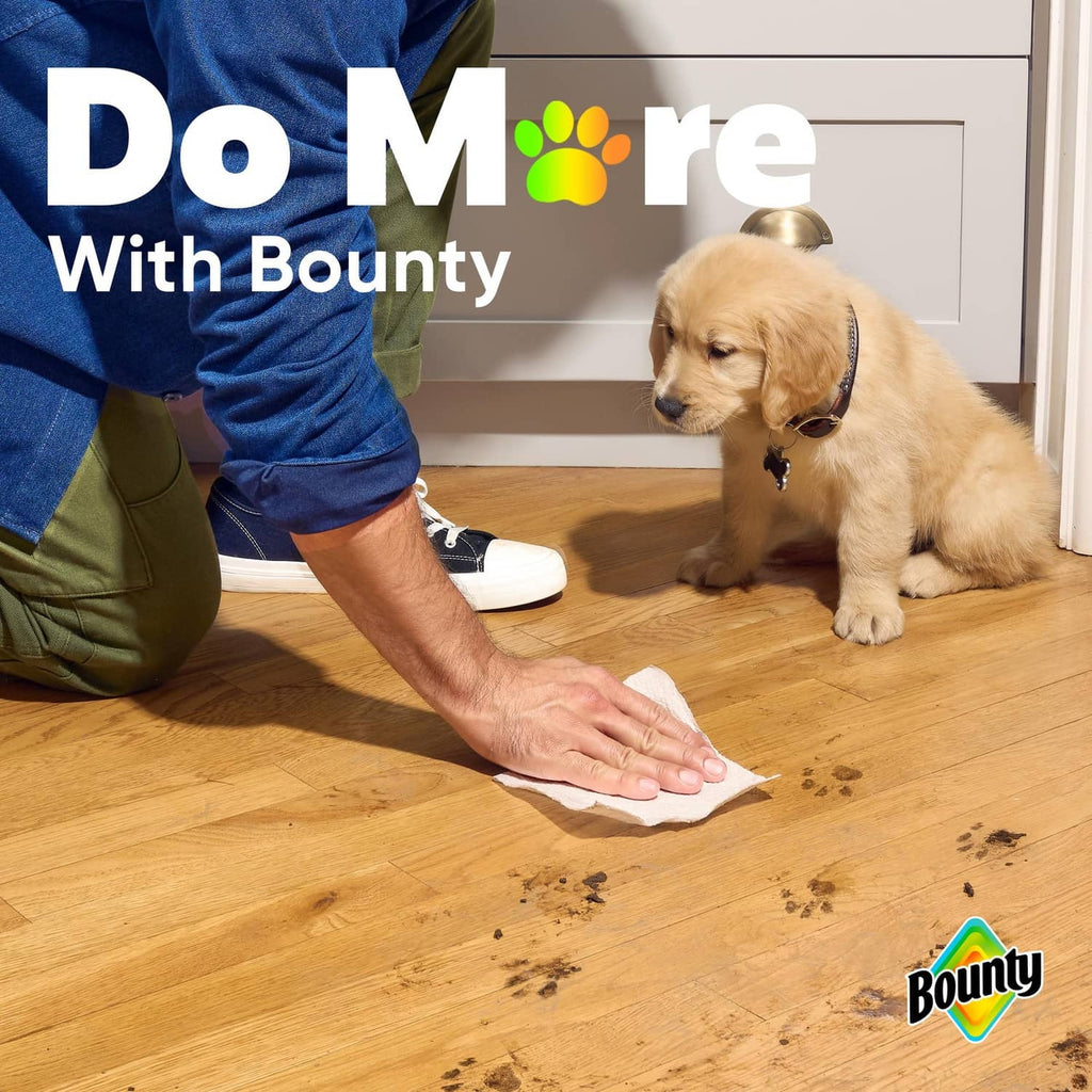 White paper towels on wood floor, person using a sheet while a dog watches