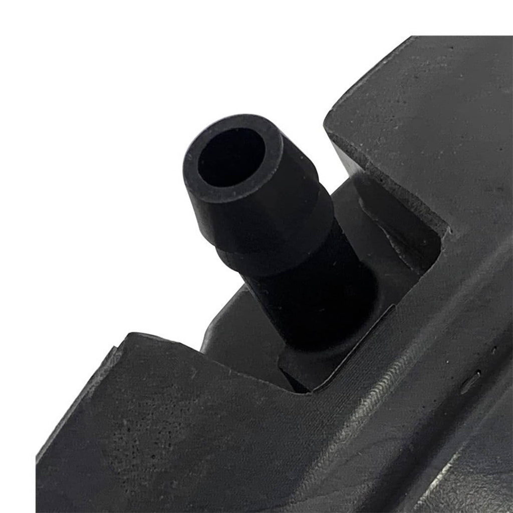 Close-up of black crankcase breather inlet and molded connector port