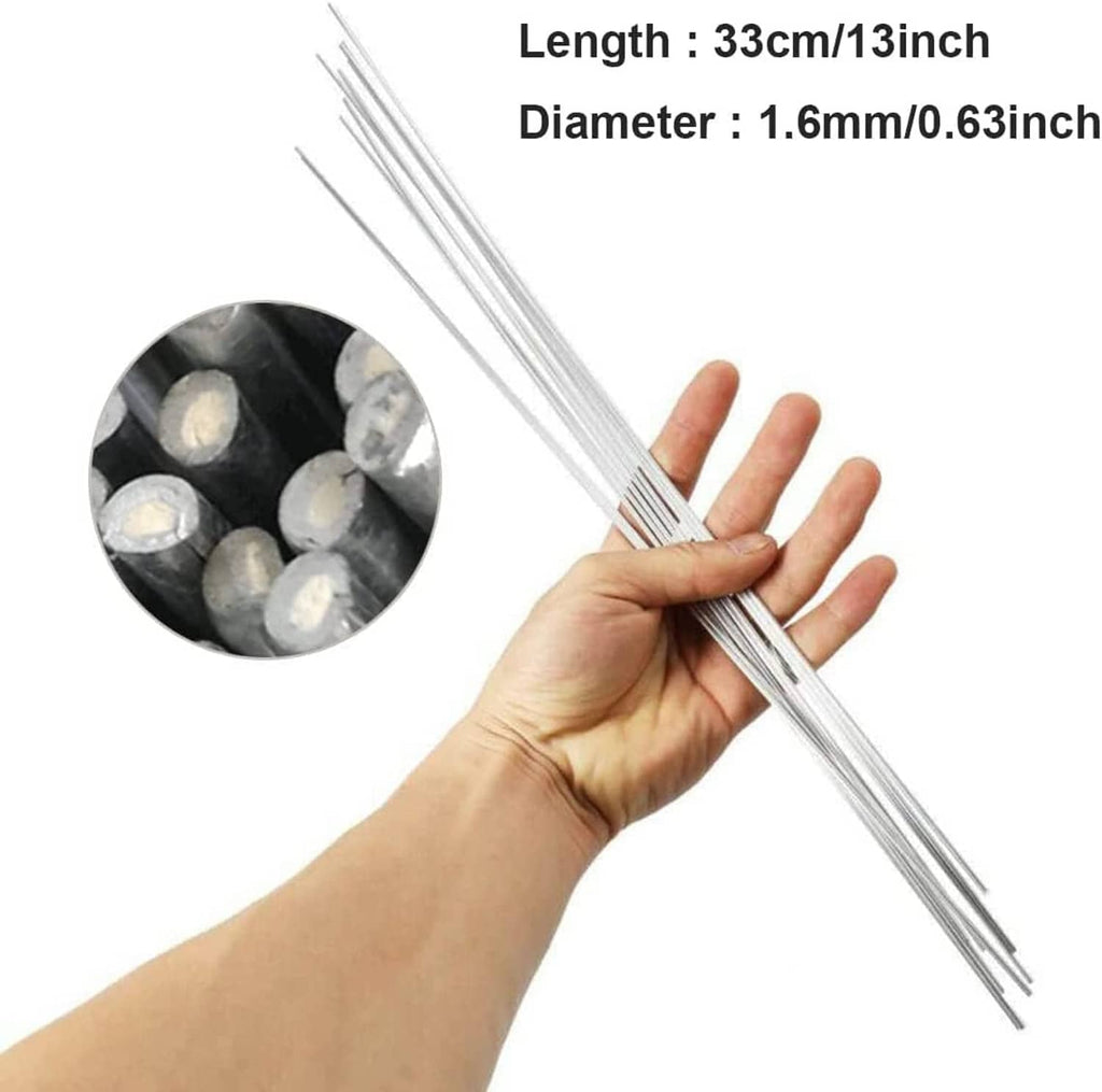 Aluminum welding rods held in a hand, showing multiple straight rod lengths