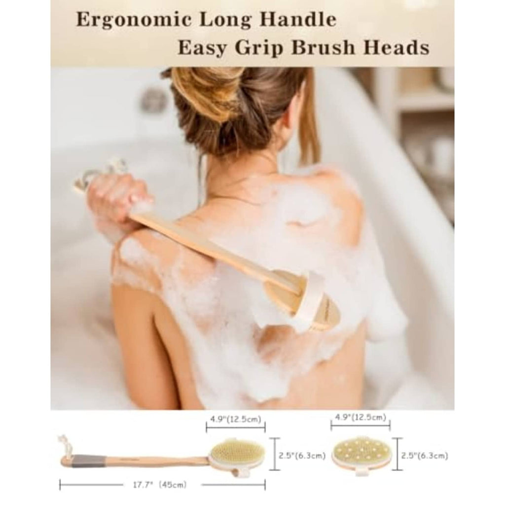 Long-handle shower body brush with oval head, used for scrubbing the back