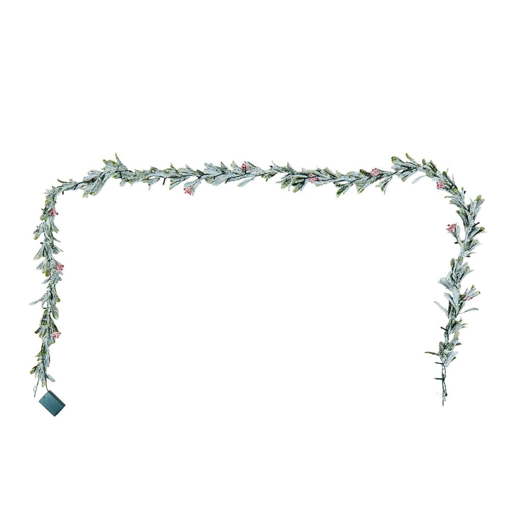 Christmas garland with faux vine leaves and red berries, with attached end tag