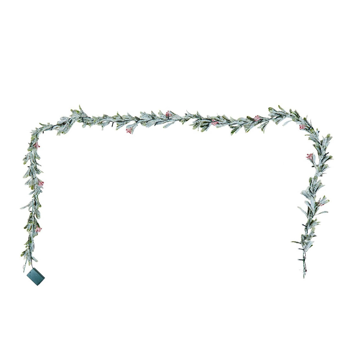 Christmas garland with faux vine leaves and red berries, with attached end tag