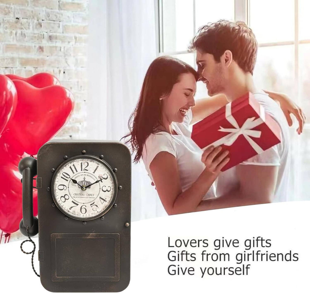 Dark brown antique-style wall clock with round dial and lower hidden storage panel