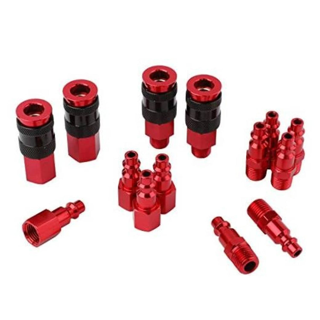 Red 1/4 in air coupler fittings kit with black grip rings, metal nipples, 14 pcs