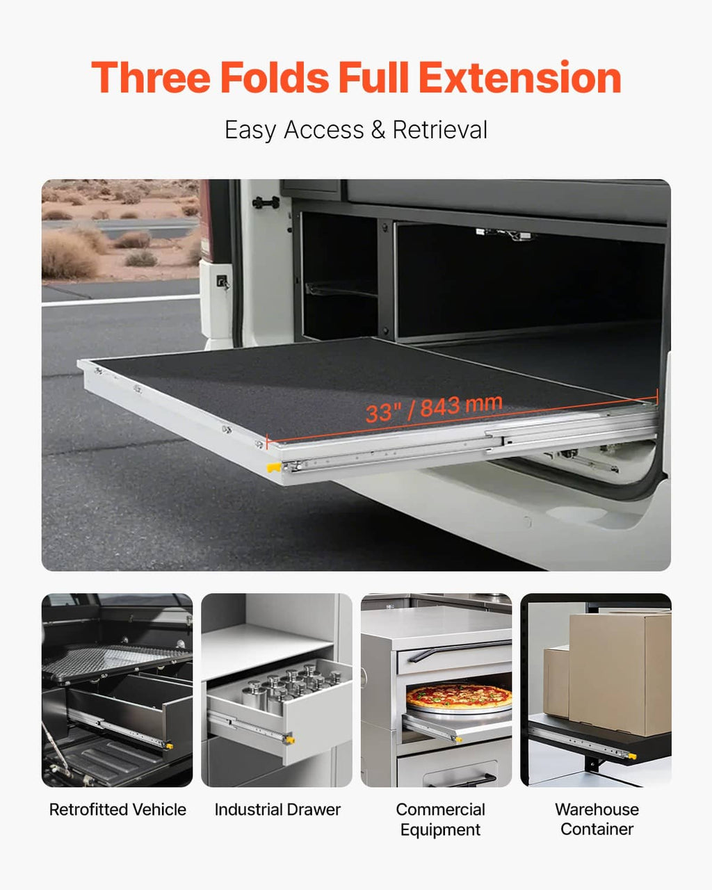 Three-fold full-extension cargo drawer slide with open drawer and installed rails