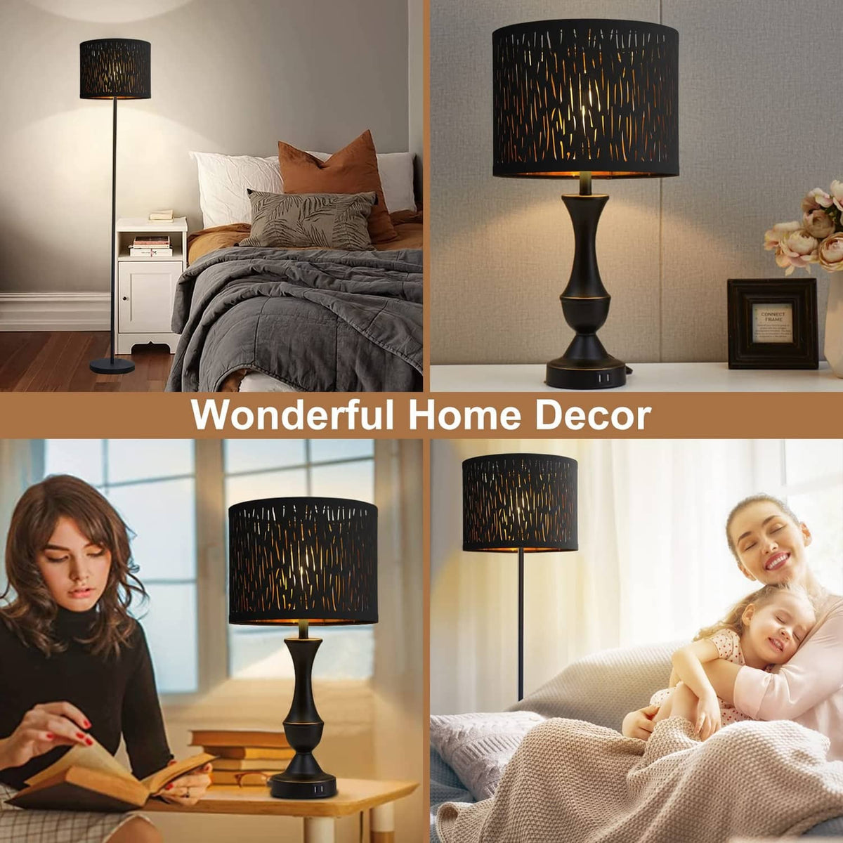 Black drum lampshade with gold streak pattern on tapered lamp base
